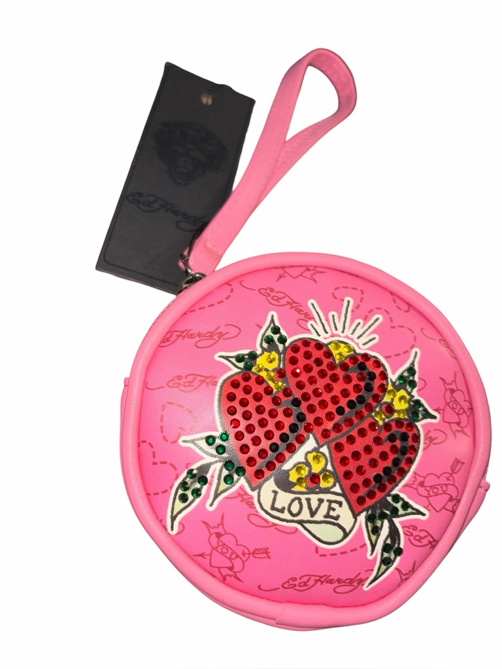 Ed Hardy Pink Tattoo Rhinestones Wristlet Coin Wallet New